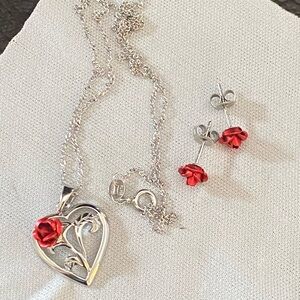 Sterling Silver Red Rose Heart Pendant Necklace and Stud Earrings Set